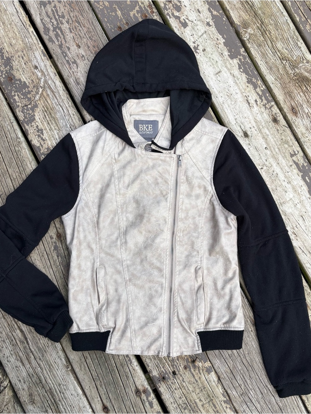 BKE Two-Tone Hooded Jacket - Black & Beige size M